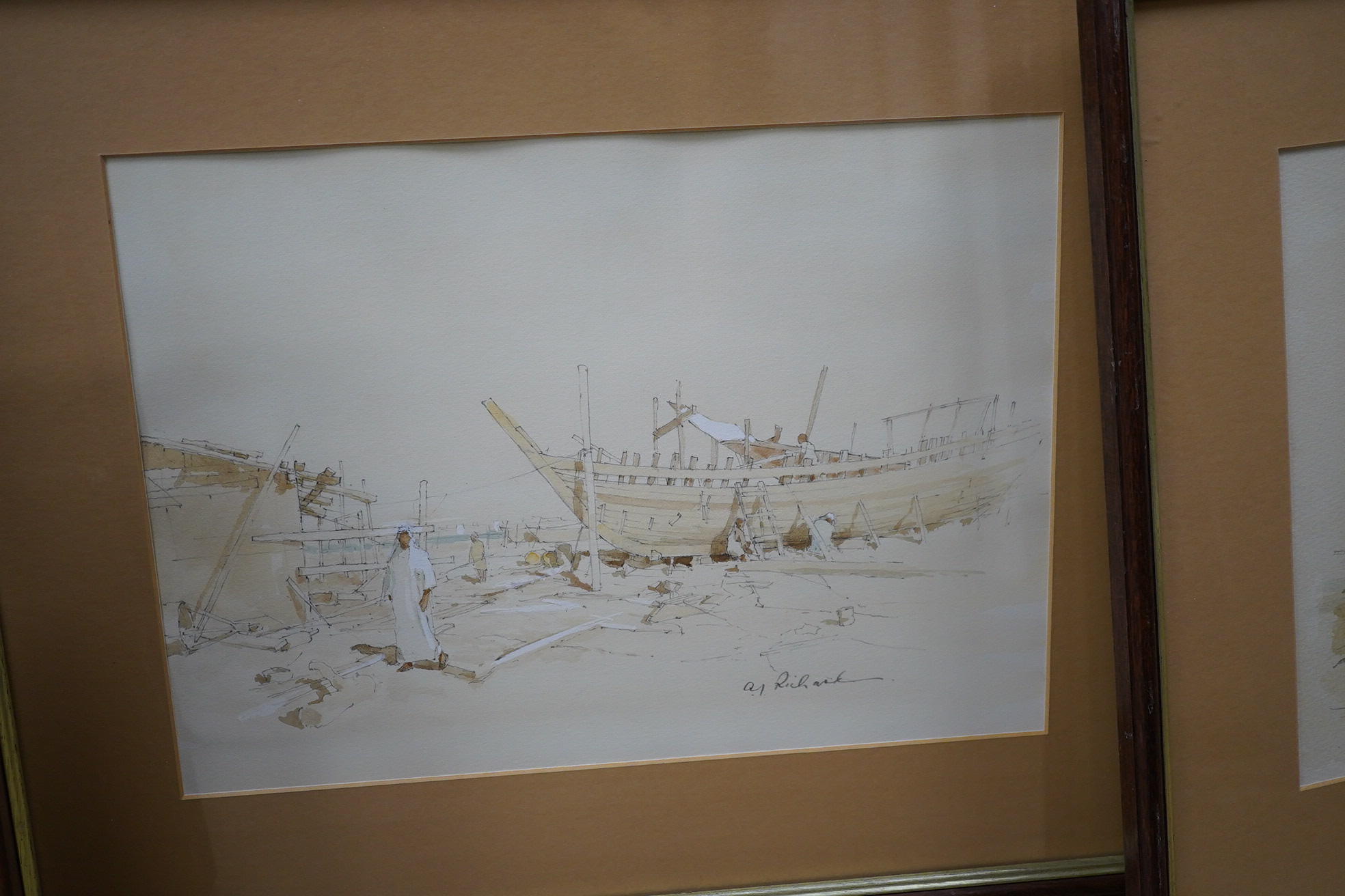 A. J. Richard, set of five watercolours, Beach scenes with moored boats, each signed, largest 23 x 30cm. Condition - fair to good